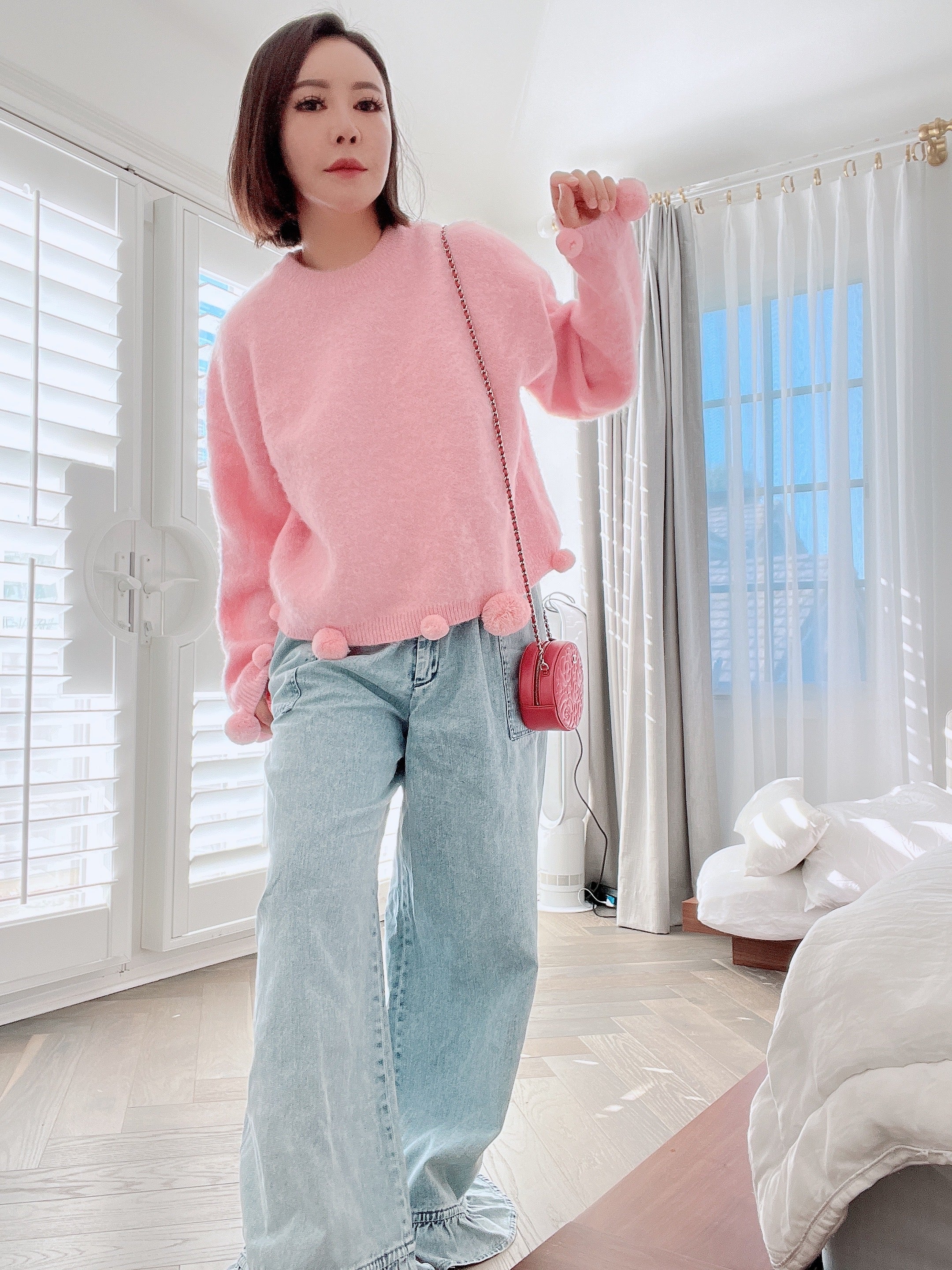 pompom pastel pink knit top