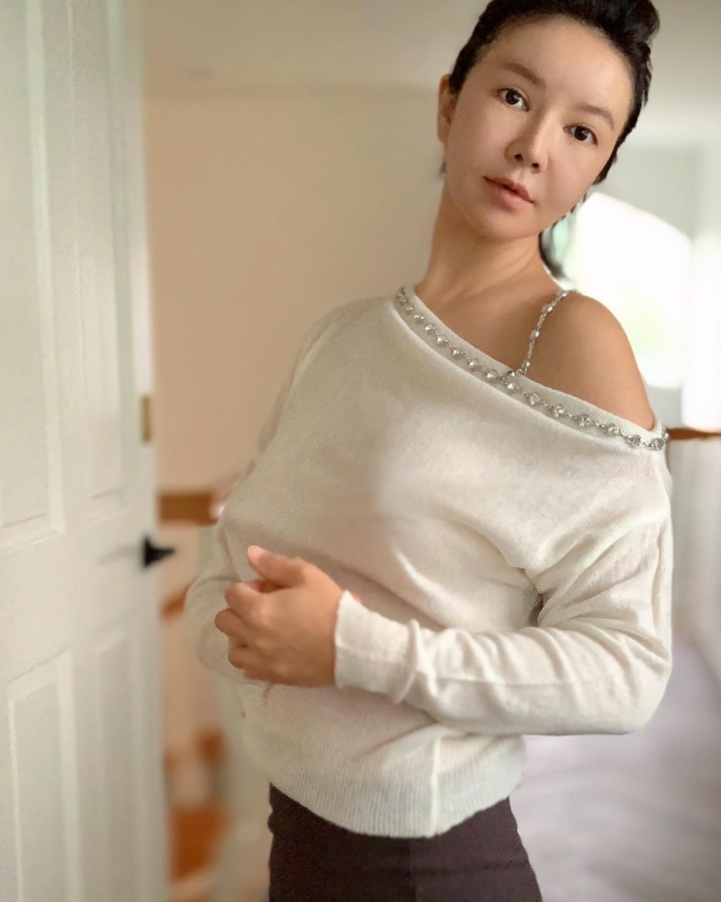 See-through Unbalanced Cold Shoulder Jewel Knit Top